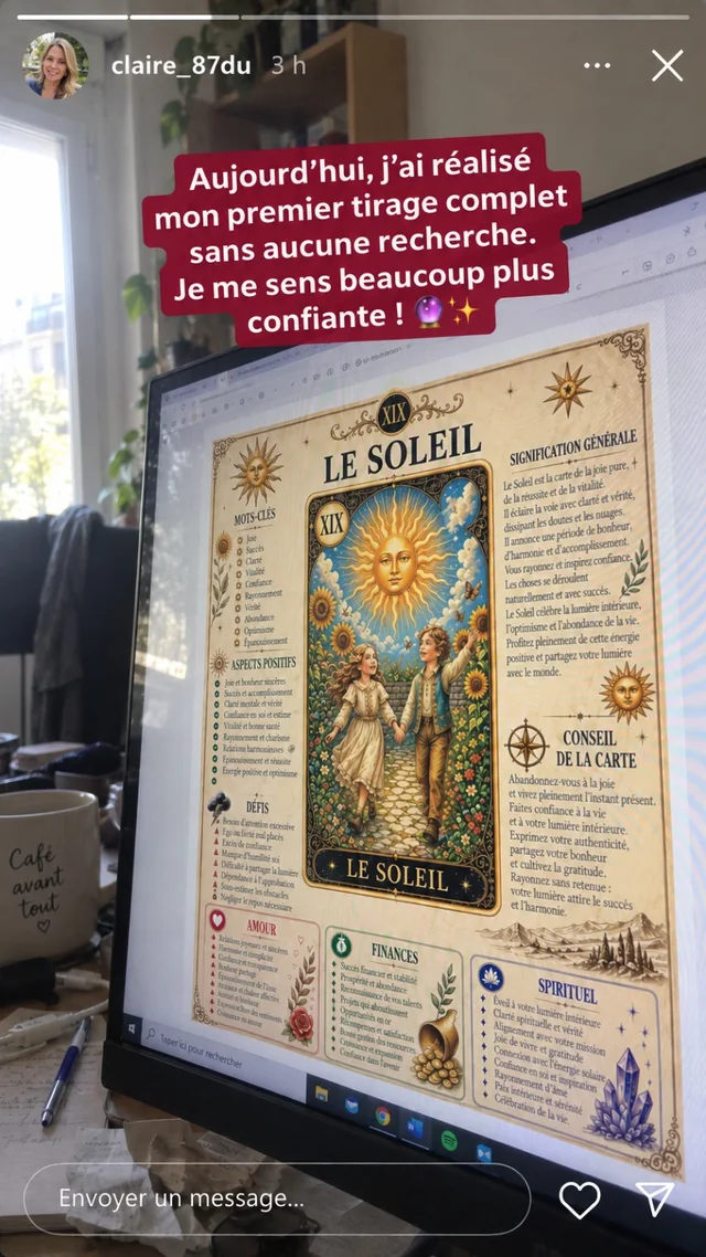 Story de Claire montrant Le Soleil du guide avec son témoignage sur son premier tirage complet.