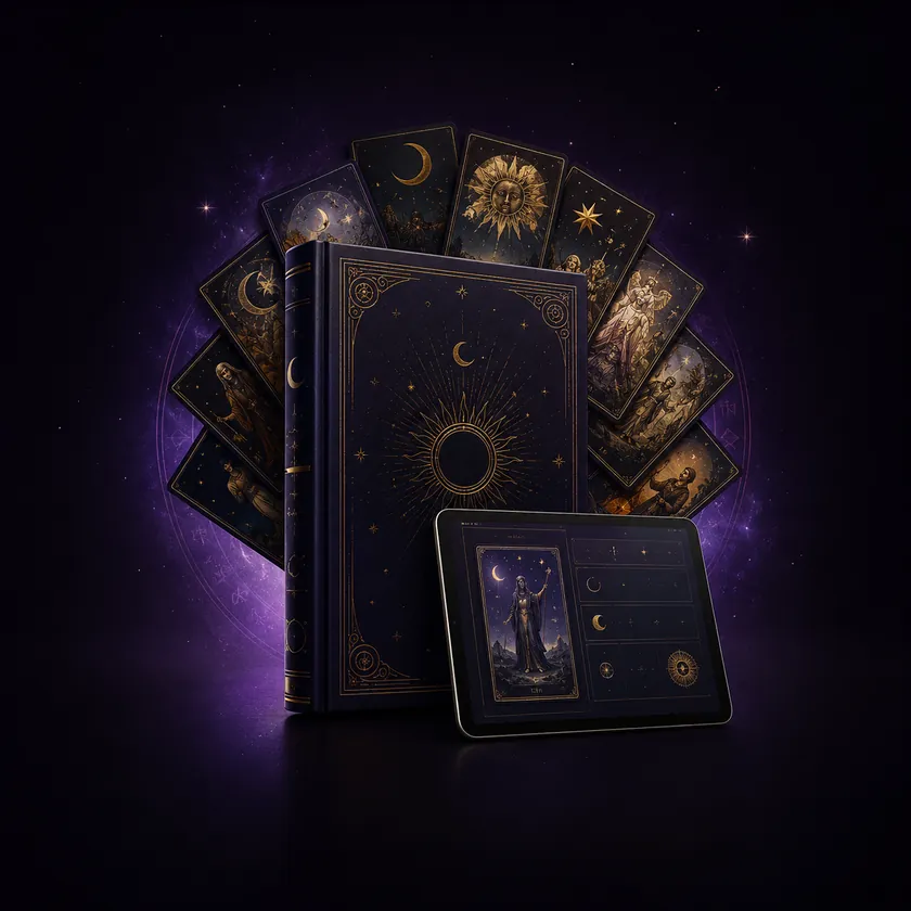 Mockup du Guide Visuel du Tarot avec livre, cartes et tablette